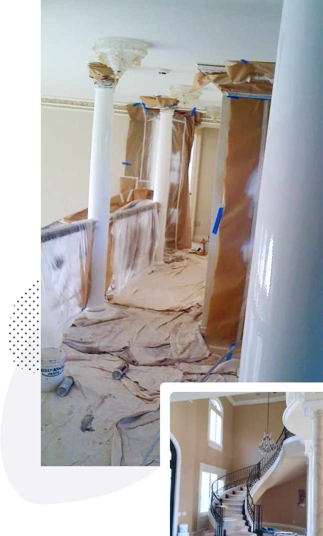 Interior residential painting in Austin, prepped columns and curved staircase