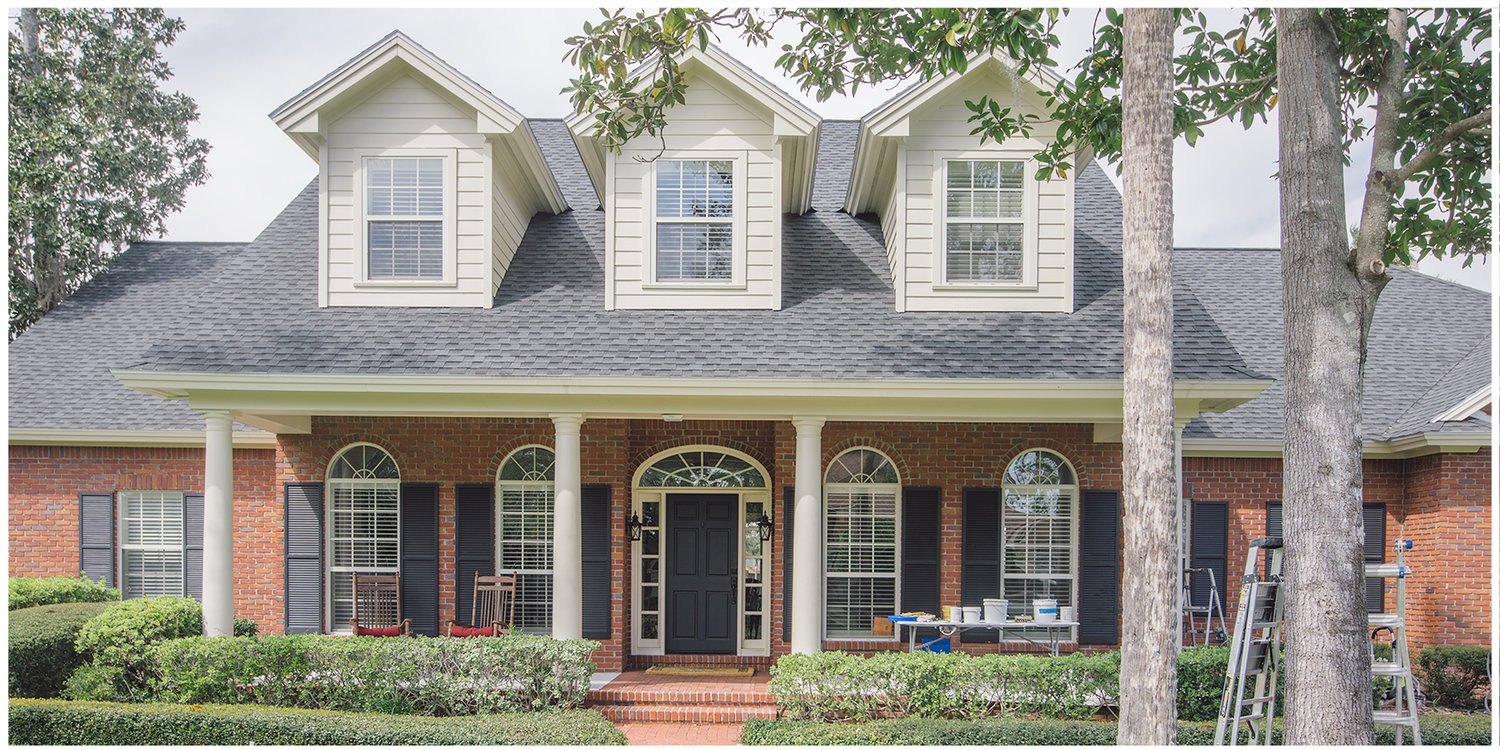 Colonial brick home in Austin before limewash